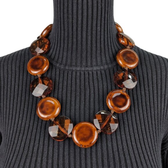 Bold Amber-Tone Statement Necklace Resin Ceramic Beads Ribbon Tie Boho 70s glam - Picture 1 of 5